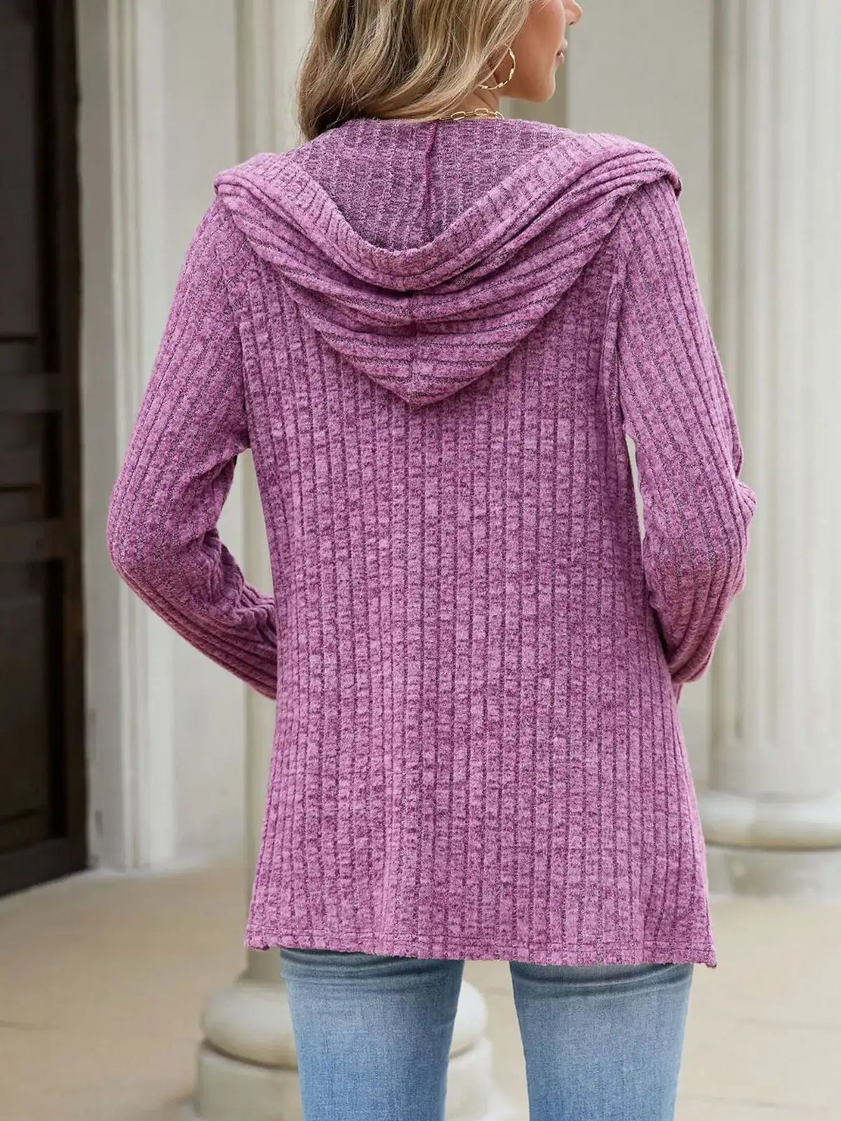 Ribbed Knit Hooded Button-Down Cardigan - Trendsi - Flyclothing LLC