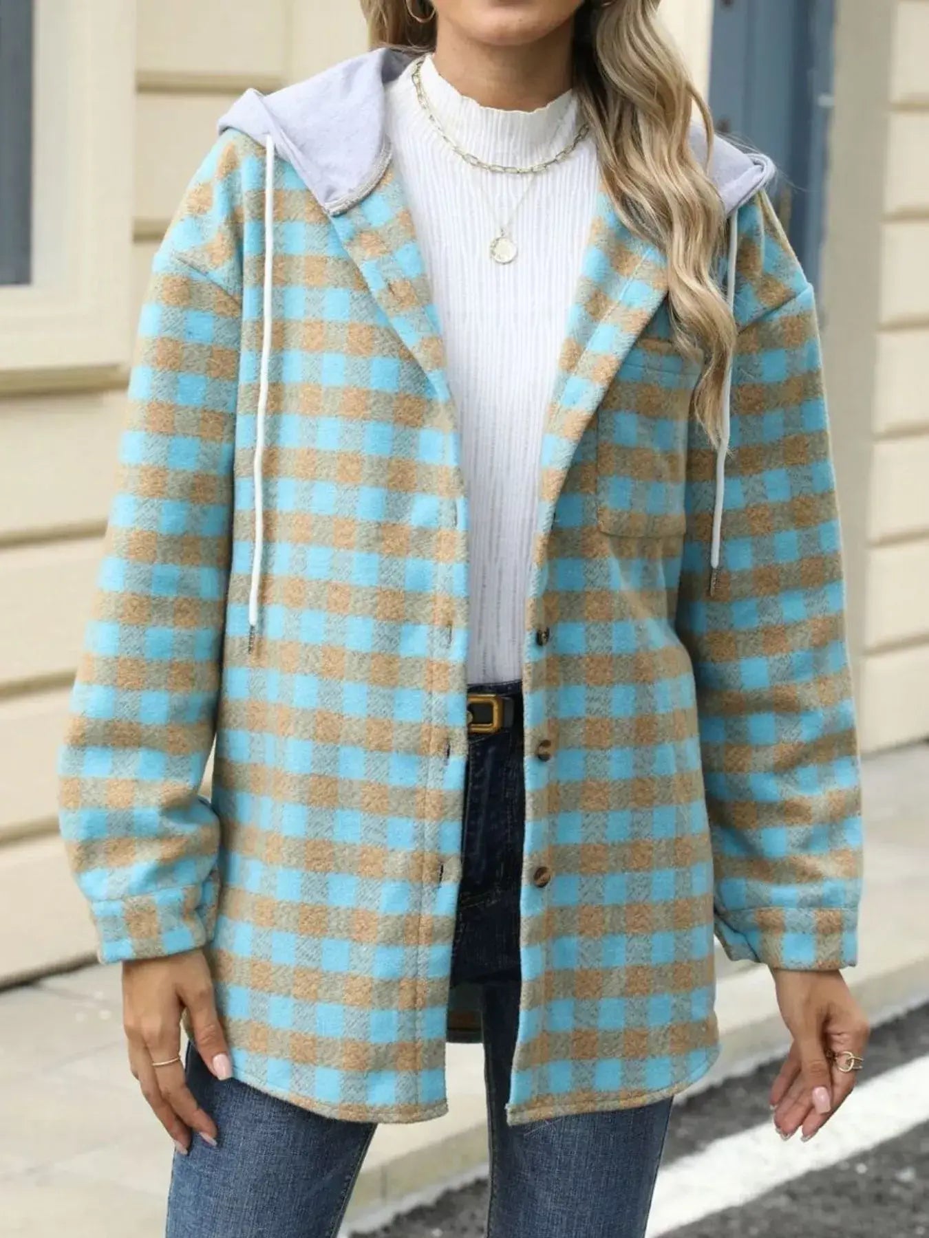 Plaid Button Up Long Sleeve Drawstring Hooded Jacket - Trendsi - Flyclothing LLC