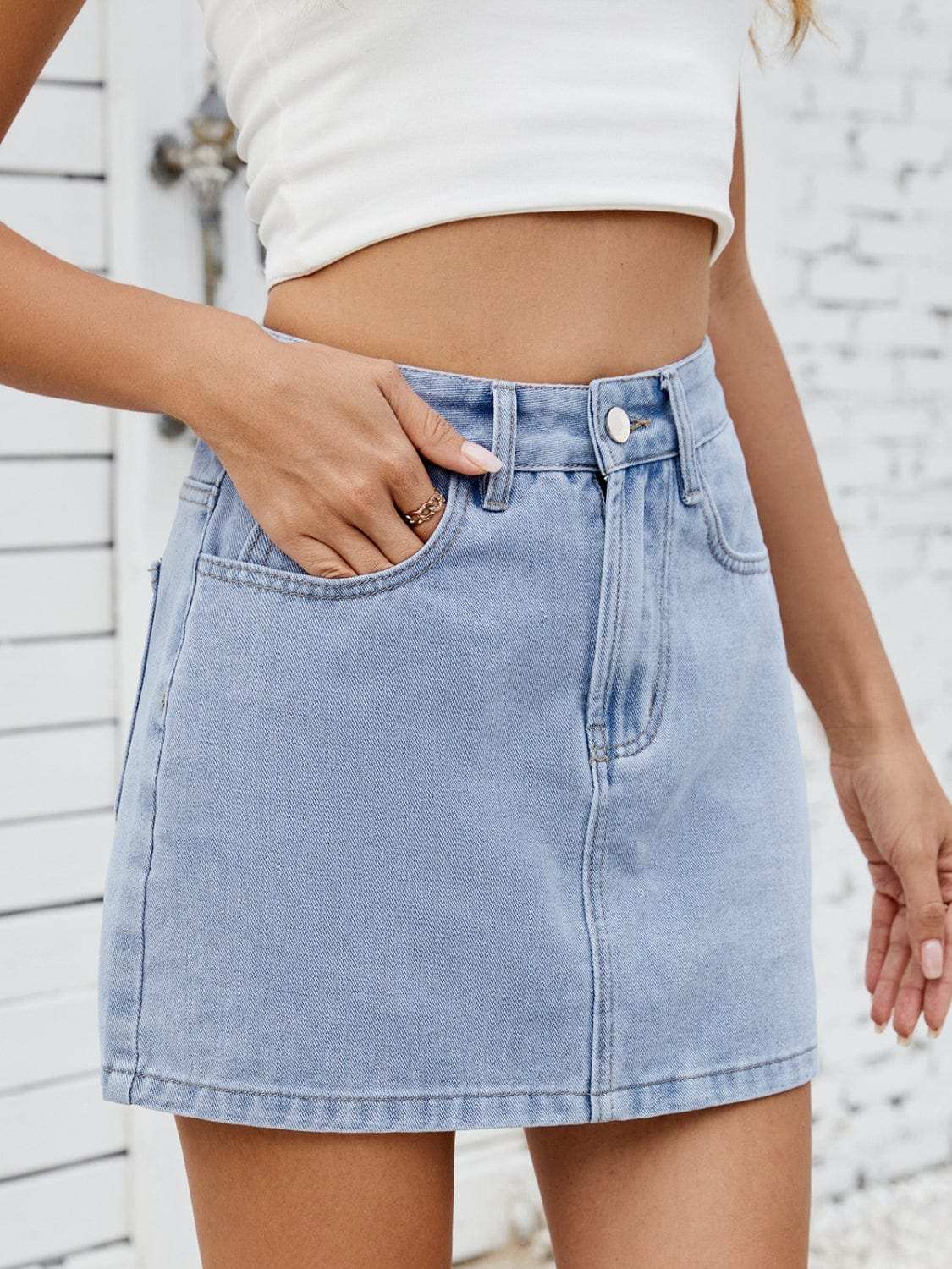 Solid Mini Denim Skirt - Trendsi - Flyclothing LLC