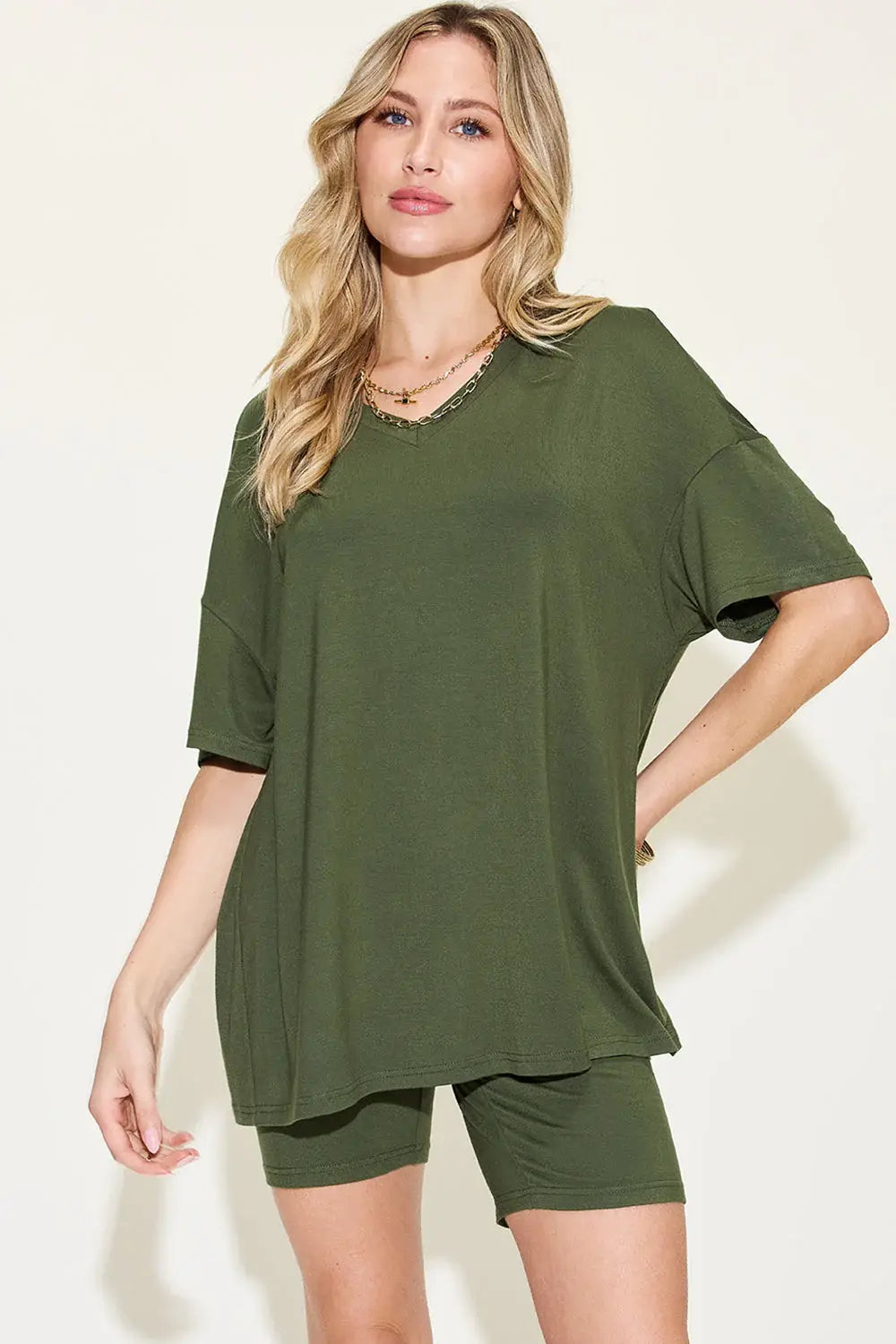 Basic Bae Full Size V-Neck Drop Shoulder T-Shirt and Shorts Set - ShopBasicbae - Flyclothing LLC