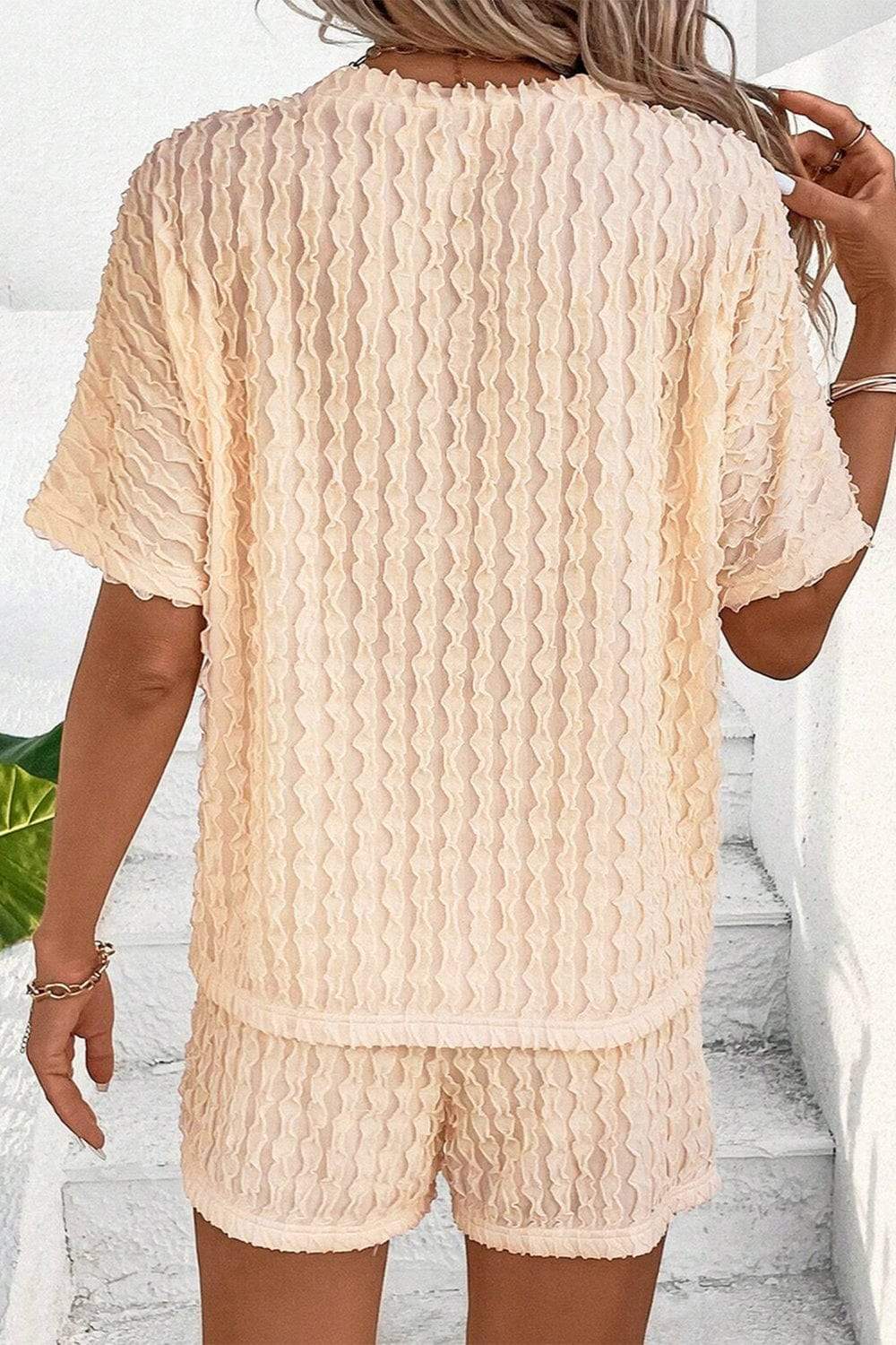 Textured Round Neck Top and Shorts Set - Trendsi - Flyclothing LLC