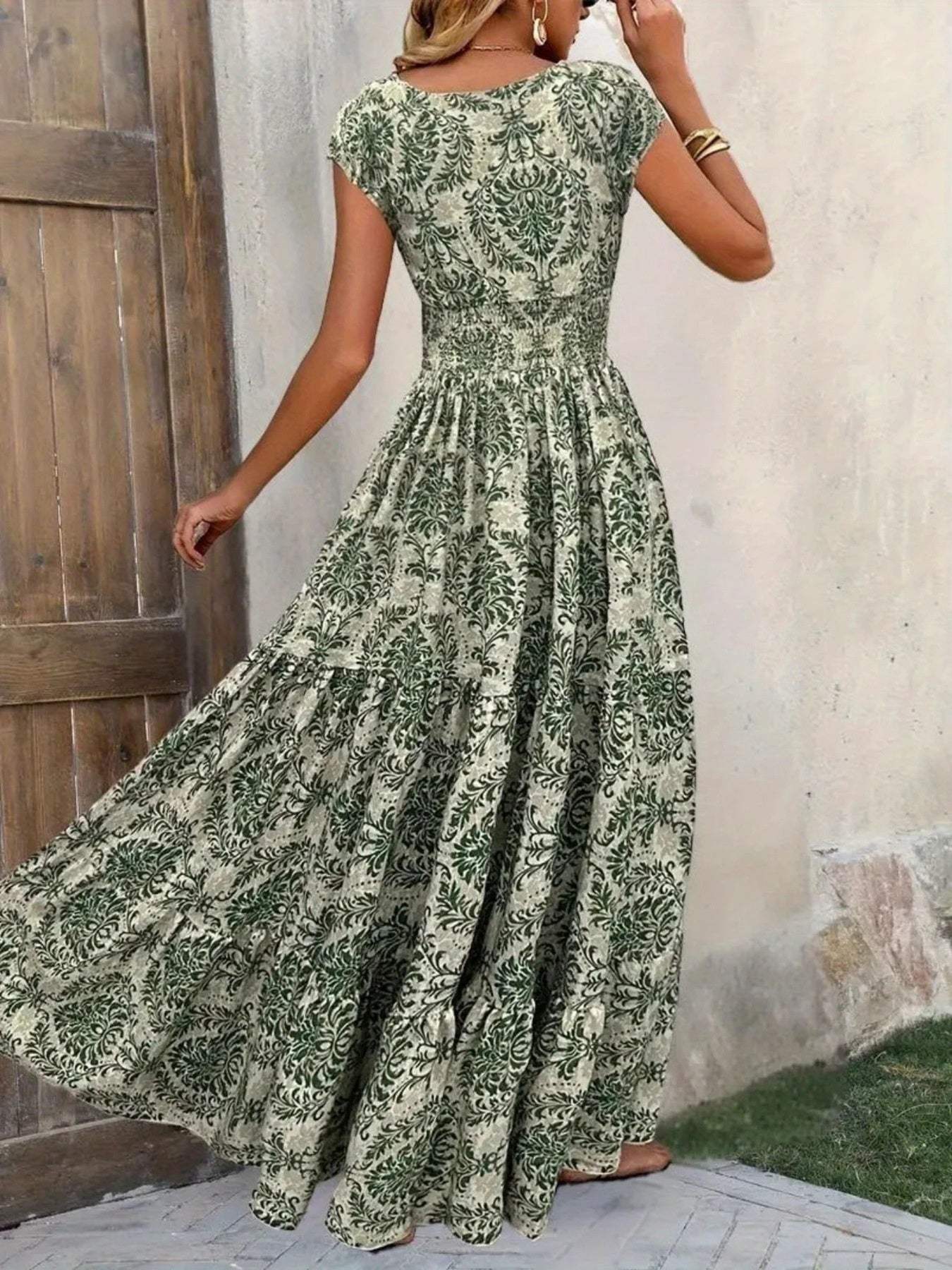 Printed Cap Sleeve Maxi Dress - Trendsi - Flyclothing LLC