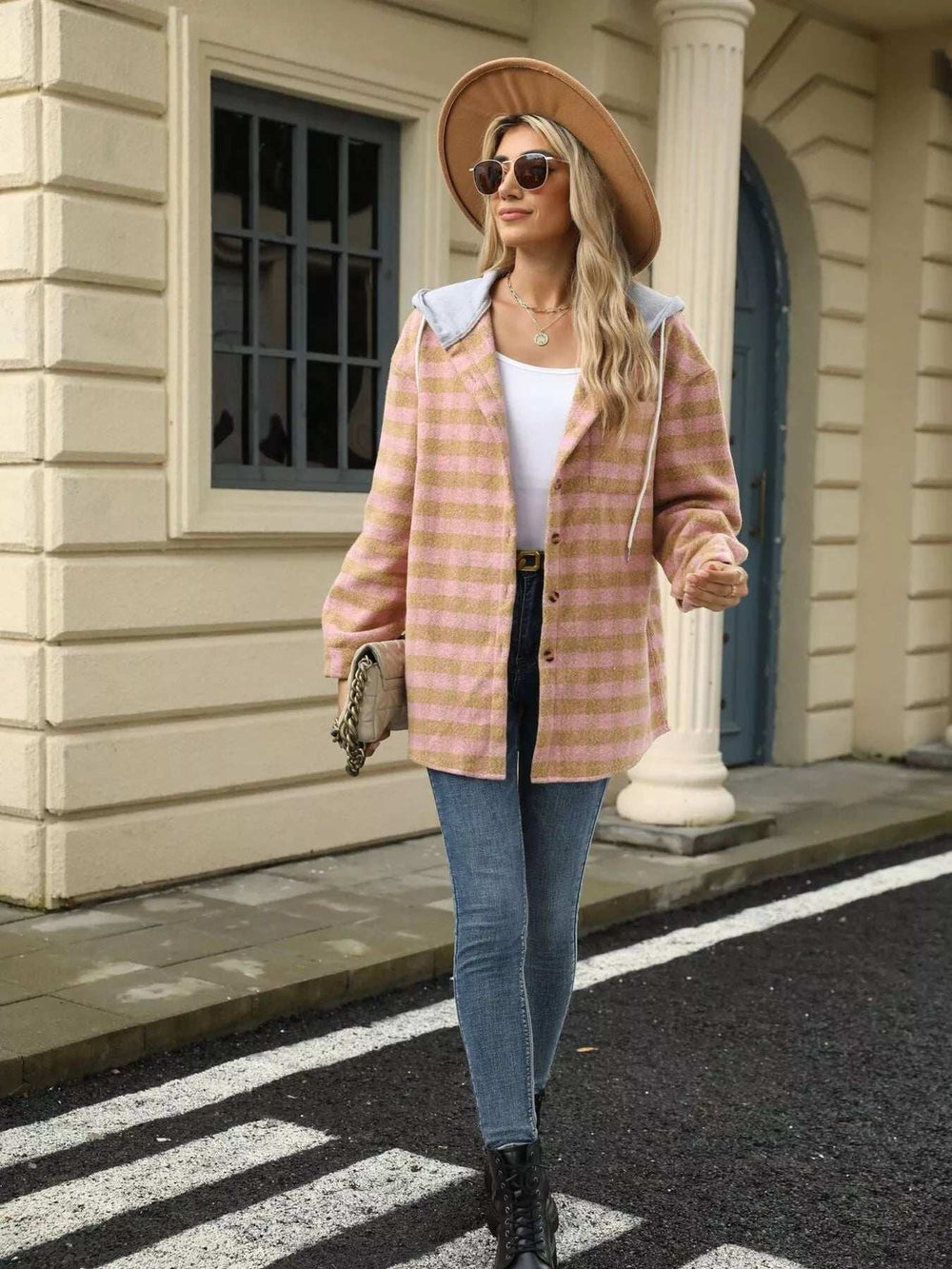 Plaid Button Up Long Sleeve Drawstring Hooded Jacket - Trendsi - Flyclothing LLC