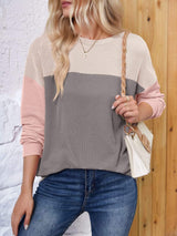 Color Block Round Neck Long Sleeve Sweatshirt - Trendsi - Flyclothing LLC