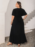 Plus Size Embroidered V-Neck Flutter Sleeve Maxi Dress - Trendsi