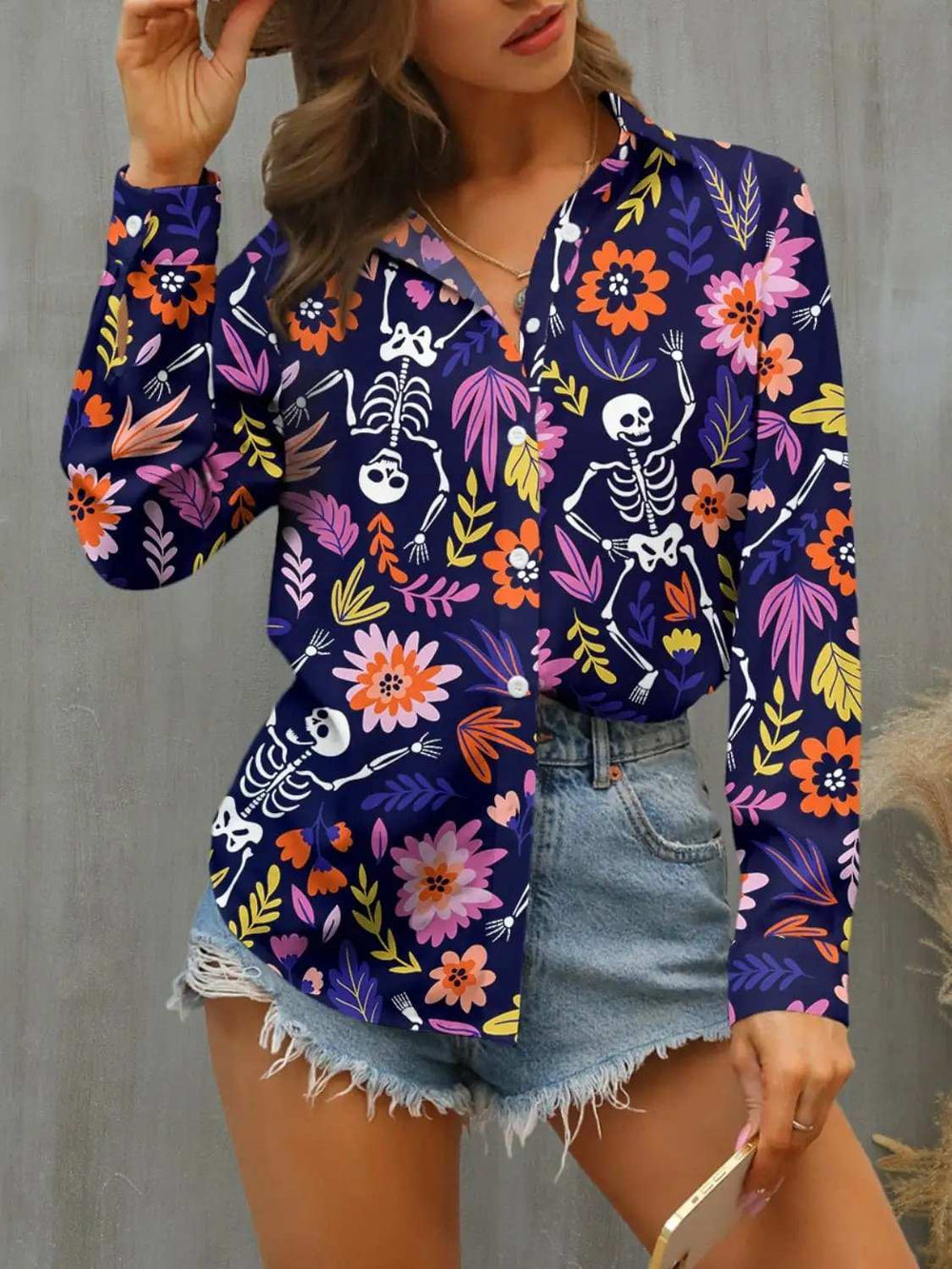 FAM-FAM Buttoned Printed Collared Neck Long Sleeve Shirt - Trendsi - Flyclothing LLC