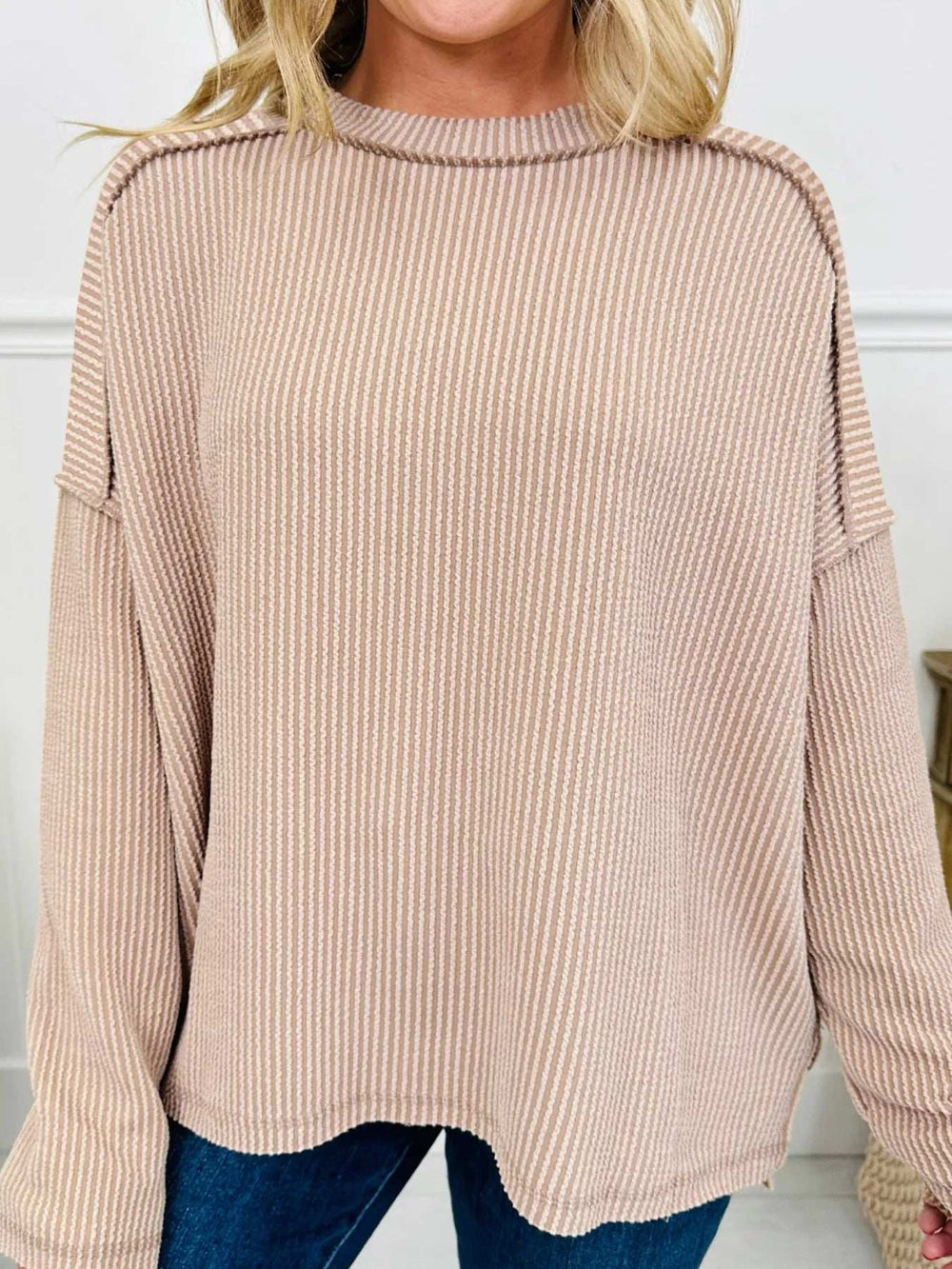 Twist Ribbed Exposed Seam Detail Long Sleeve Loose Top - Trendsi - Flyclothing LLC