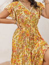Plus Size Printed V-Neck Flutter Sleeve Tie Waist Maxi Dress - Trendsi - Flyclothing LLC