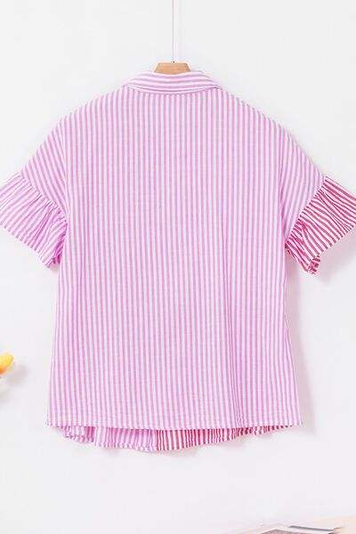 Button Down Striped Ruffled Hem Shirt - Trendsi - Flyclothing LLC