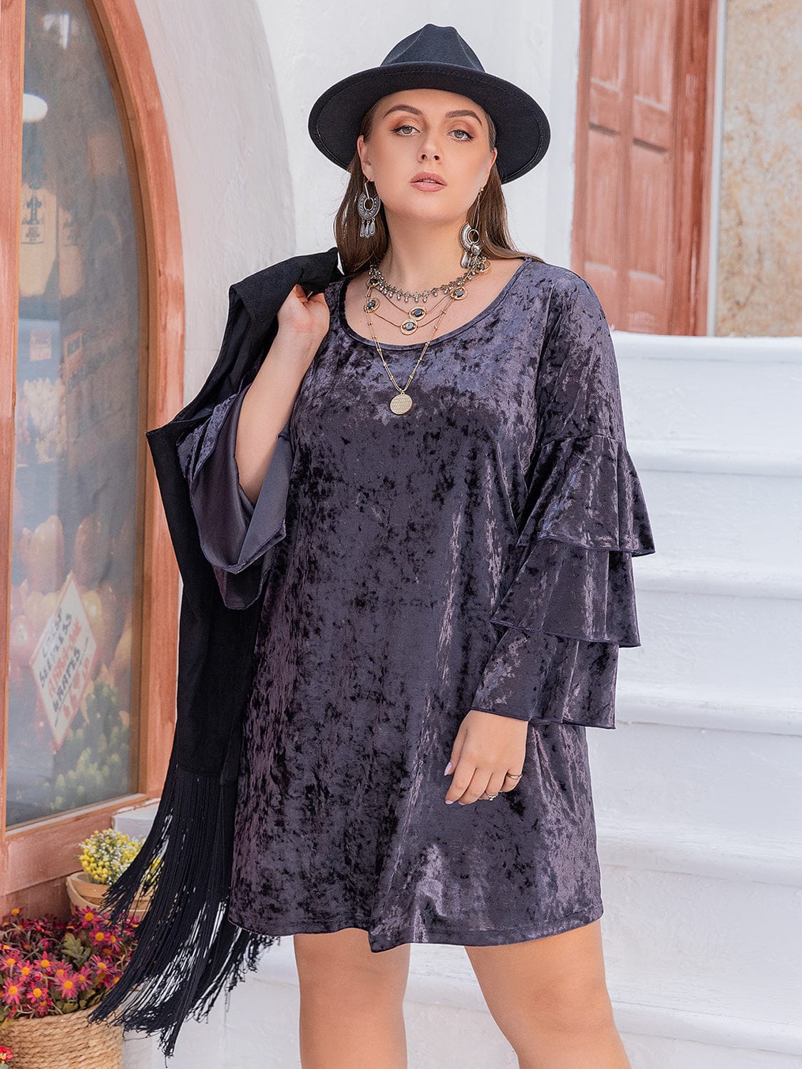 Plus Size Round Neck Flounce Sleeve Mini Dress - Trendsi