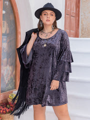 Plus Size Round Neck Flounce Sleeve Mini Dress - Trendsi