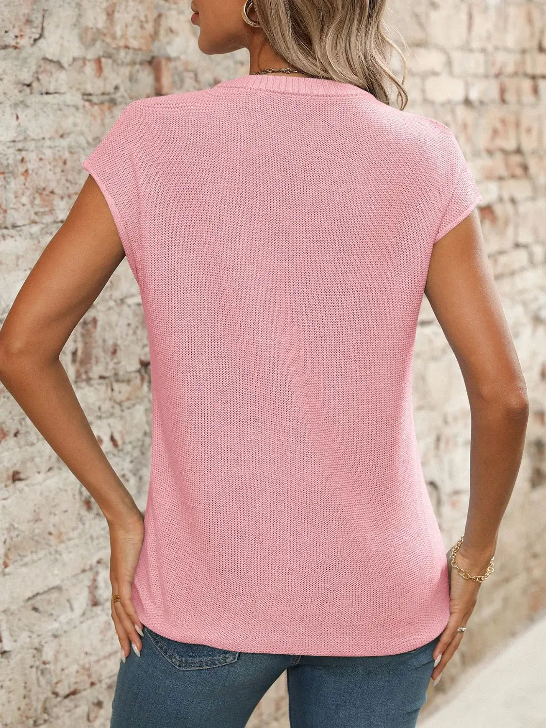 V-Neck Short Sleeve Knit Top - Trendsi - Flyclothing LLC