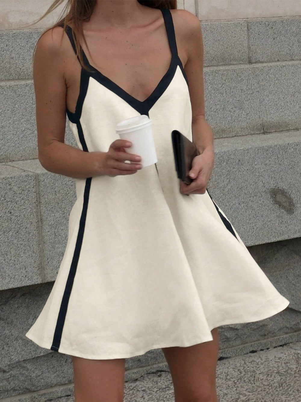 Contrast Trim V-Neck Mini Cami Dress - Trendsi