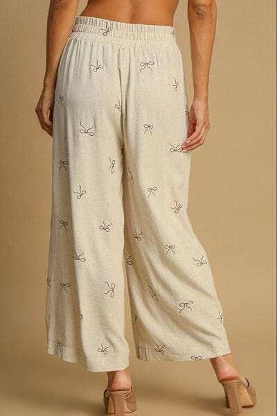 Umgee Full Size Lace Drawstring Embroidered Bow Wide Leg Pants Plus Size - Trendsi - Flyclothing LLC