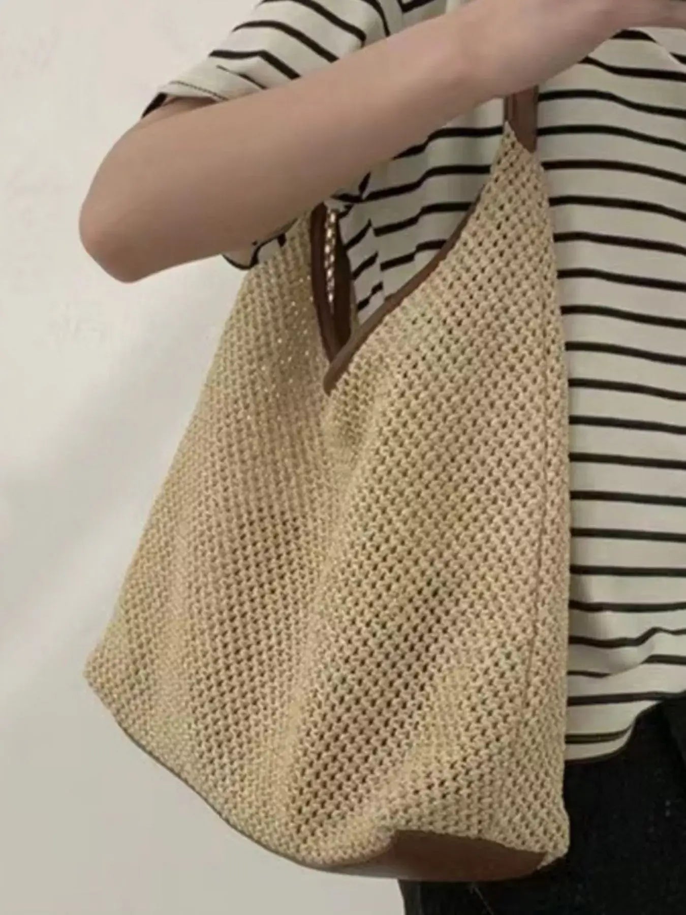 Woven Straw Handbag with Leather Strap - Trendsi - Flyclothing LLC