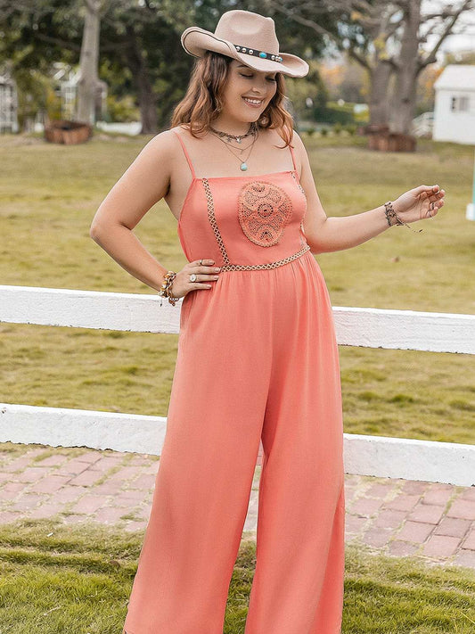 Plus Size Lace Detail Spaghetti Strap Wide Leg Jumpsuit - Trendsi - Flyclothing LLC