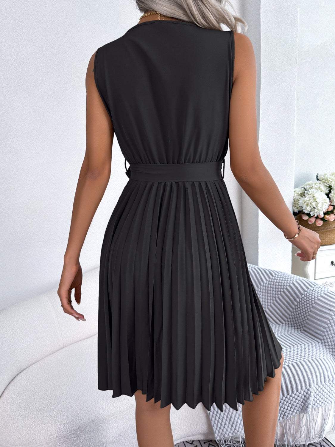 Tied Surplice Sleeveless Pleated Dress - Trendsi - Flyclothing LLC