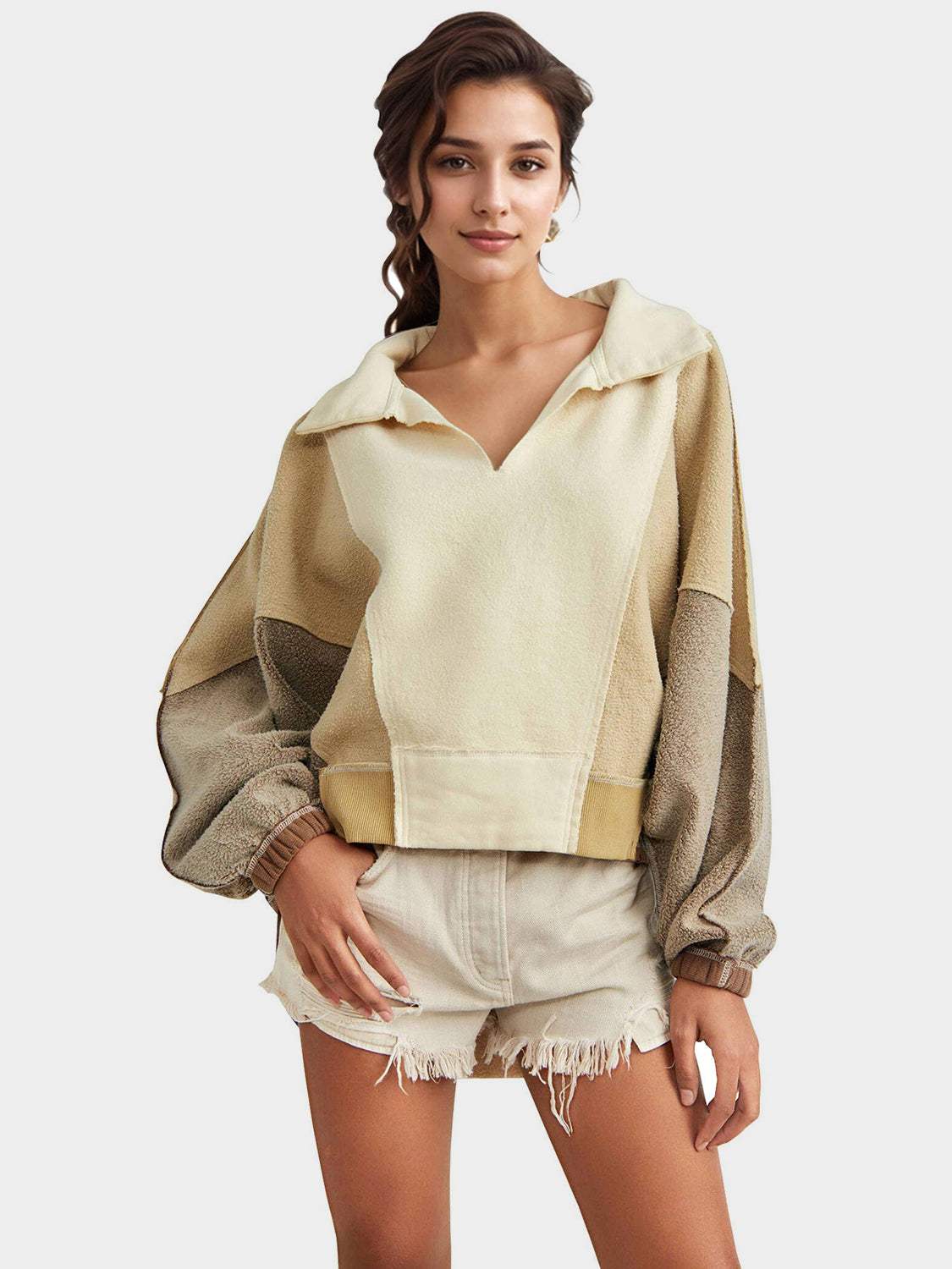 High-Low Exposed Seam Contrast Long Sleeve Sweatshirt - Trendsi - Flyclothing LLC
