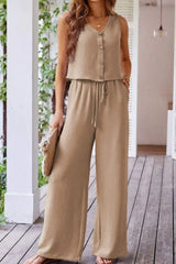 Button Down Vest and Drawstring Wide Leg Pants Set - Trendsi - Flyclothing LLC