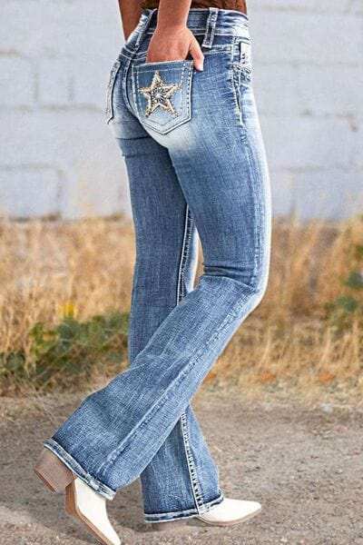 Star Embroidered Bootcut Jeans - Trendsi - Flyclothing LLC
