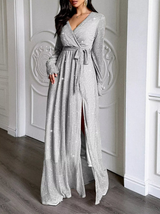 Glittering Surplice Long Sleeve Slit Maxi Dress - Trendsi - Flyclothing LLC