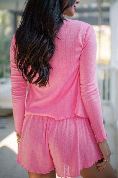 Button Down Cardigan, Cami and Shorts Set - Trendsi - Flyclothing LLC