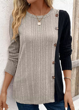 Color Block Ribbed Knit Decor Button T-Shirt - Trendsi - Flyclothing LLC