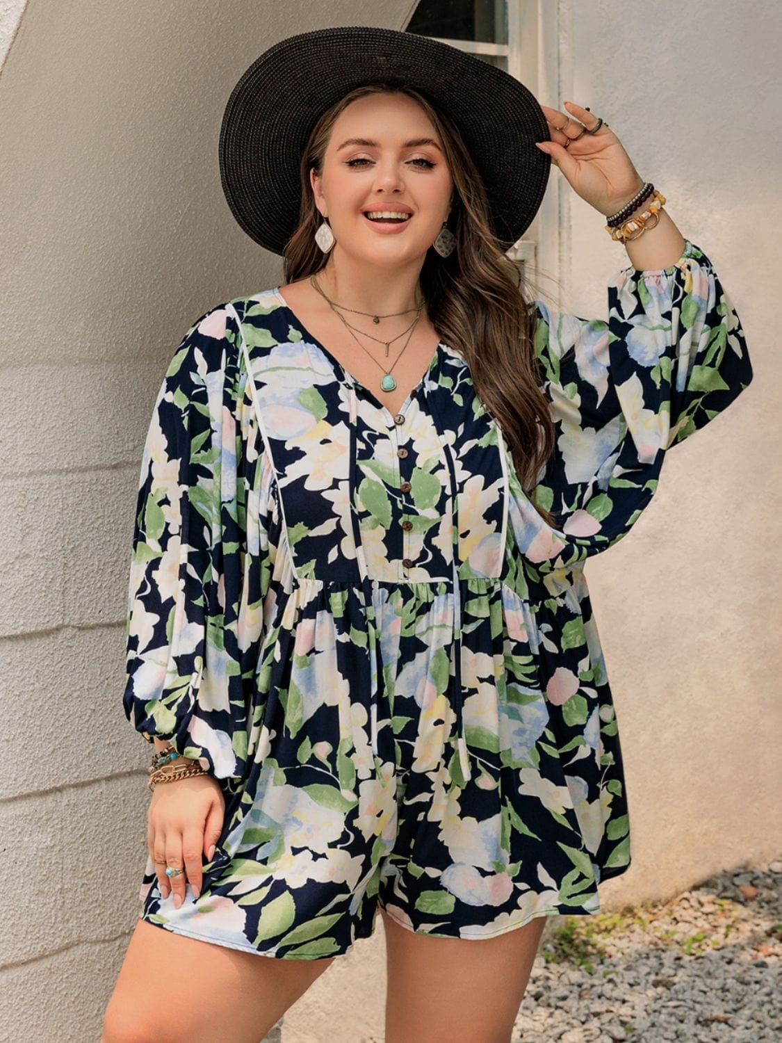 Plus Size Tied Printed Long Sleeve Romper - Trendsi