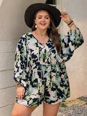 Plus Size Tied Printed Long Sleeve Romper - Trendsi