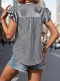 Ruffled Striped Notched Cap Sleeve Blouse - Trendsi
