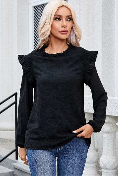 Frill Mock Neck Ruffled Balloon Sleeve Blouse - Trendsi - Flyclothing LLC