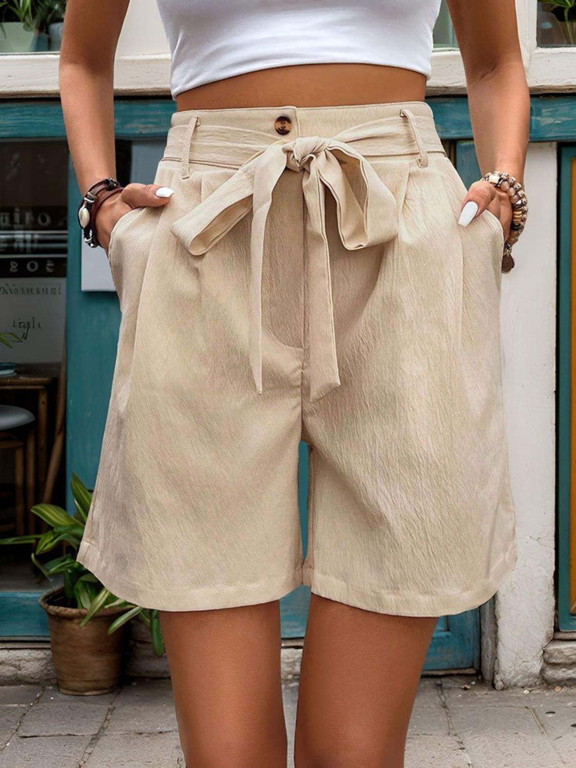 Tied High Waist Shorts with Pockets - Trendsi - Flyclothing LLC