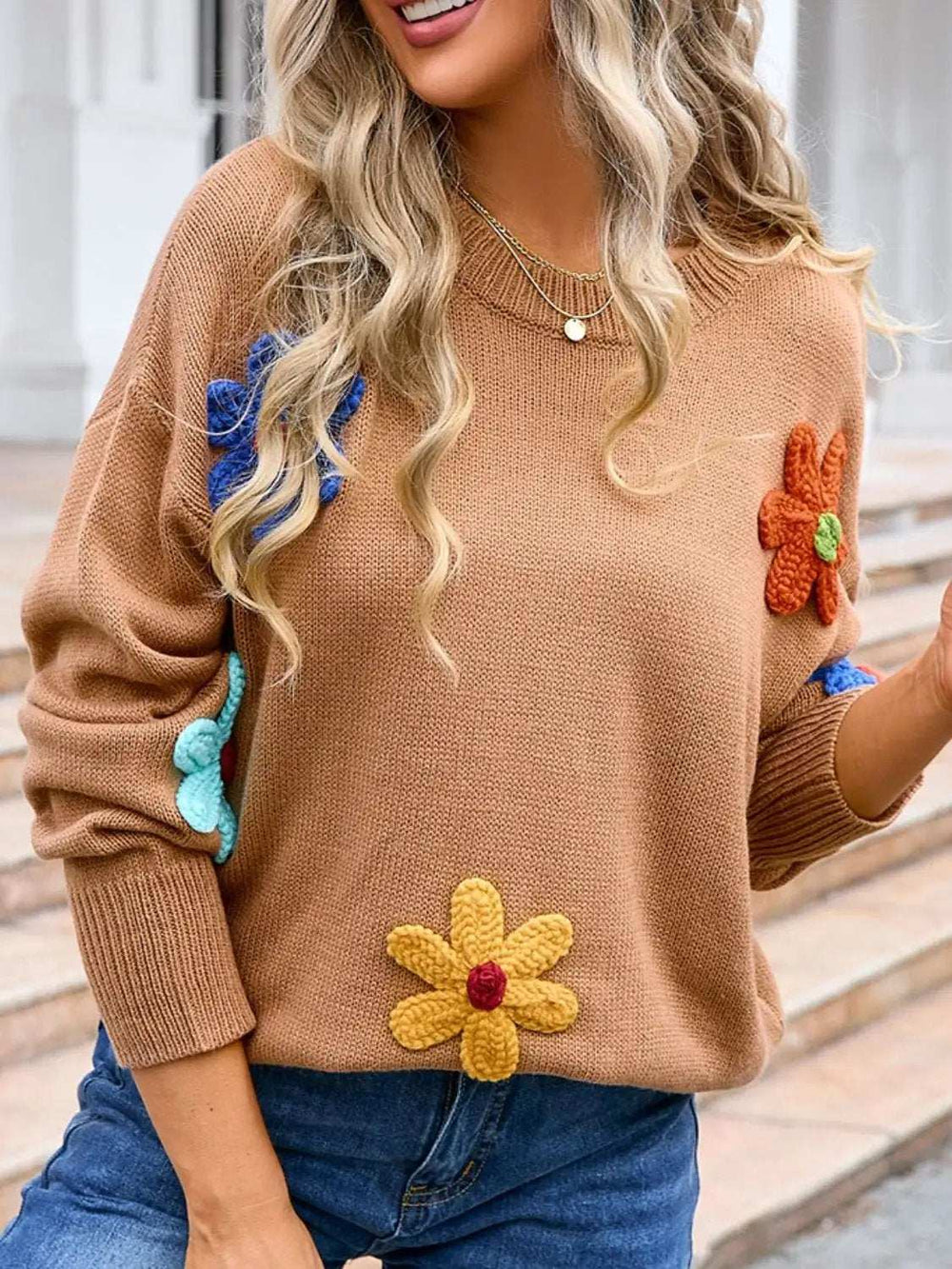 Crochet Flower Round Neck Sweater - Trendsi - Flyclothing LLC