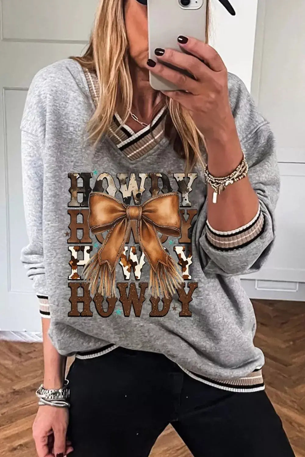 Howdy Graphic V-Neck Sweatshirt - Trendsi - Flyclothing LLC