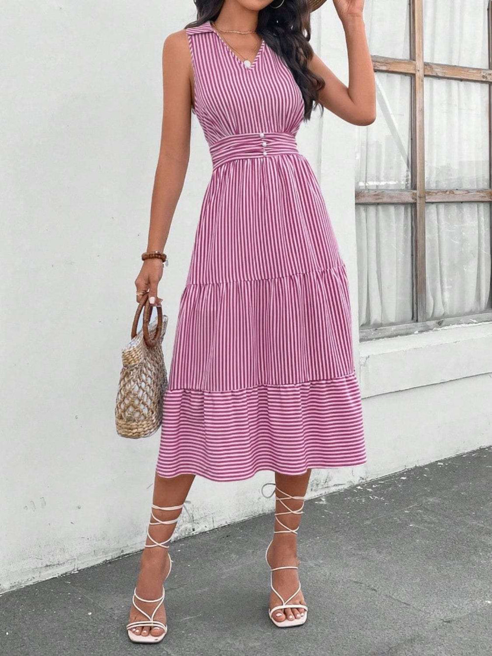 Striped Johnny Collar Sleeveless Midi Dress - Trendsi - Flyclothing LLC