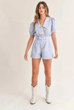 MABLE Striped Puff Sleeve Collared Neck Romper - Trendsi - Flyclothing LLC