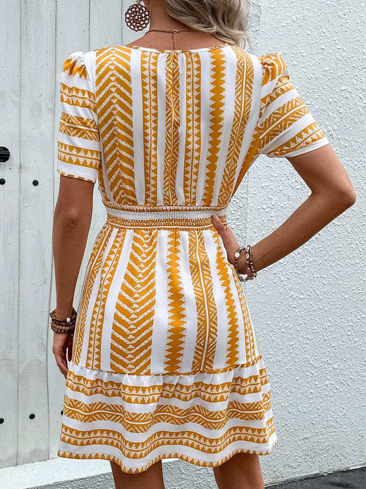 Geometric Notched Short Sleeve Mini Dress - Trendsi - Flyclothing LLC