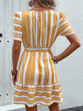 Geometric Notched Short Sleeve Mini Dress - Trendsi