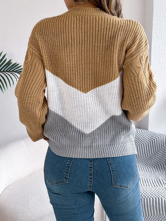 Cable-Knit Color Block Round Neck Sweater - Trendsi