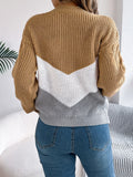 Cable-Knit Color Block Round Neck Sweater - Trendsi