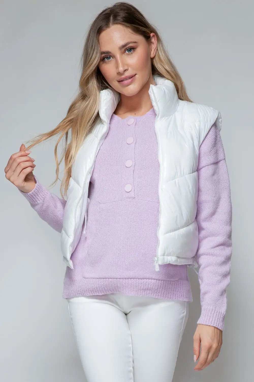 Snobbish Zip Up Turtleneck Shiny Quilted Vest - Trendsi - Flyclothing LLC