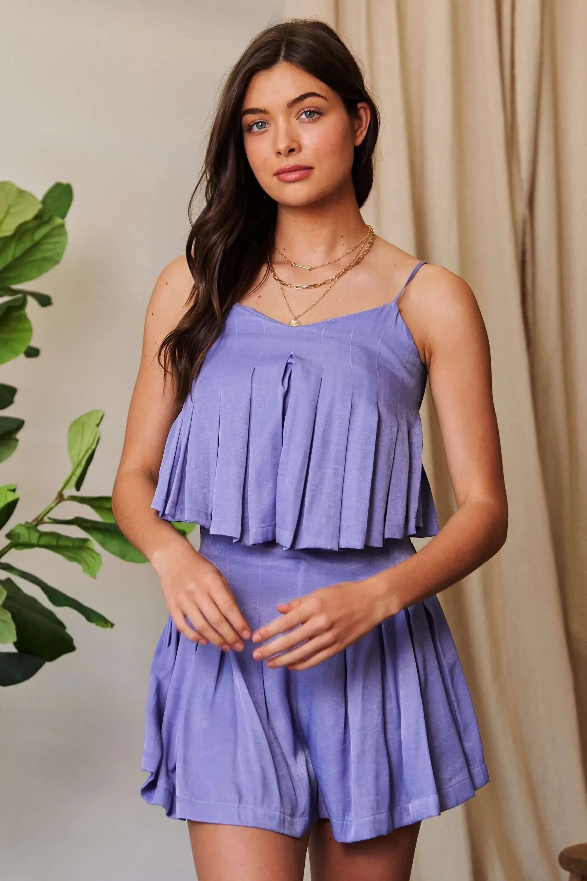 Davi & Dani Pleated Body Elastic Back Babydoll Strappy Top - Trendsi - Flyclothing LLC