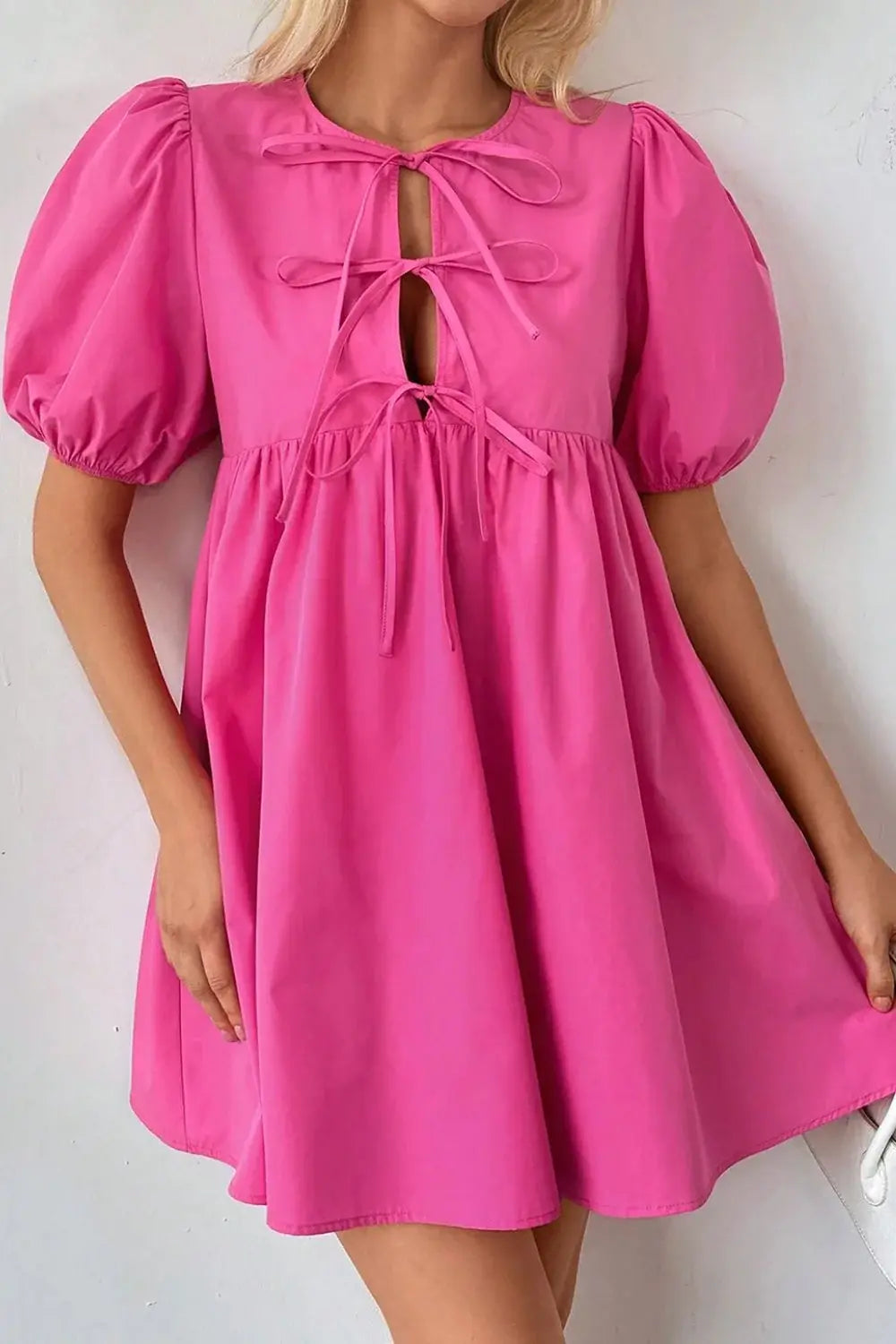 Puff Sleeve Tie Front High Waist Mini Dress - Trendsi - Flyclothing LLC