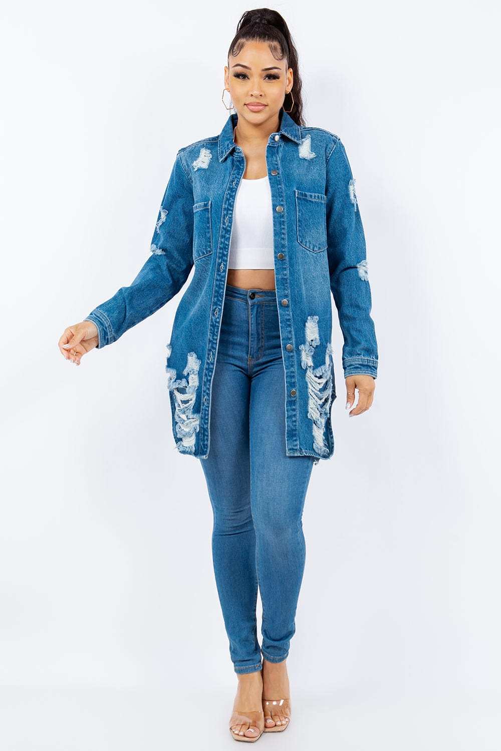 American Bazi Distressed Button Up Long Sleeve Denim Jacket - Trendsi - Flyclothing LLC
