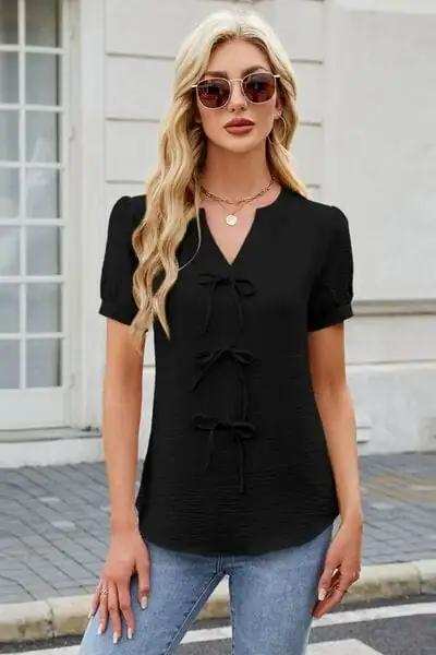 Bow Notched Short Sleeve Blouse - Trendsi - Flyclothing LLC