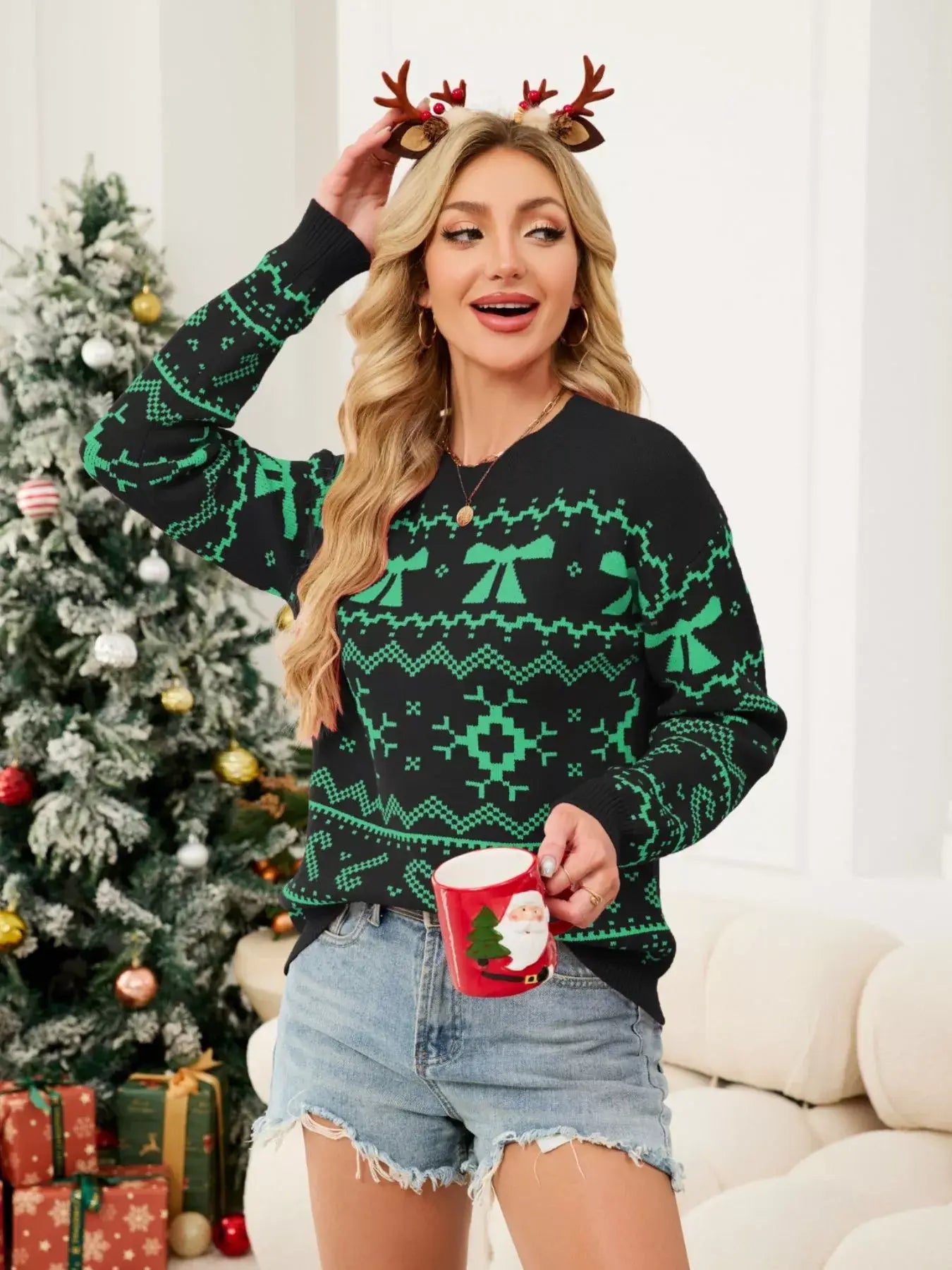 Christmas Bow Round Neck Sweater - Trendsi - Flyclothing LLC