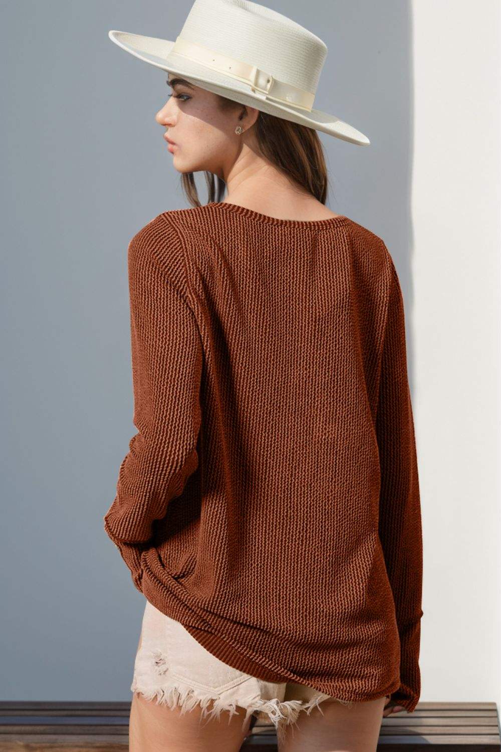 Double Take Full Size Notched Thumbhole Long Sleeve T-Shirt - Trendsi - Flyclothing LLC