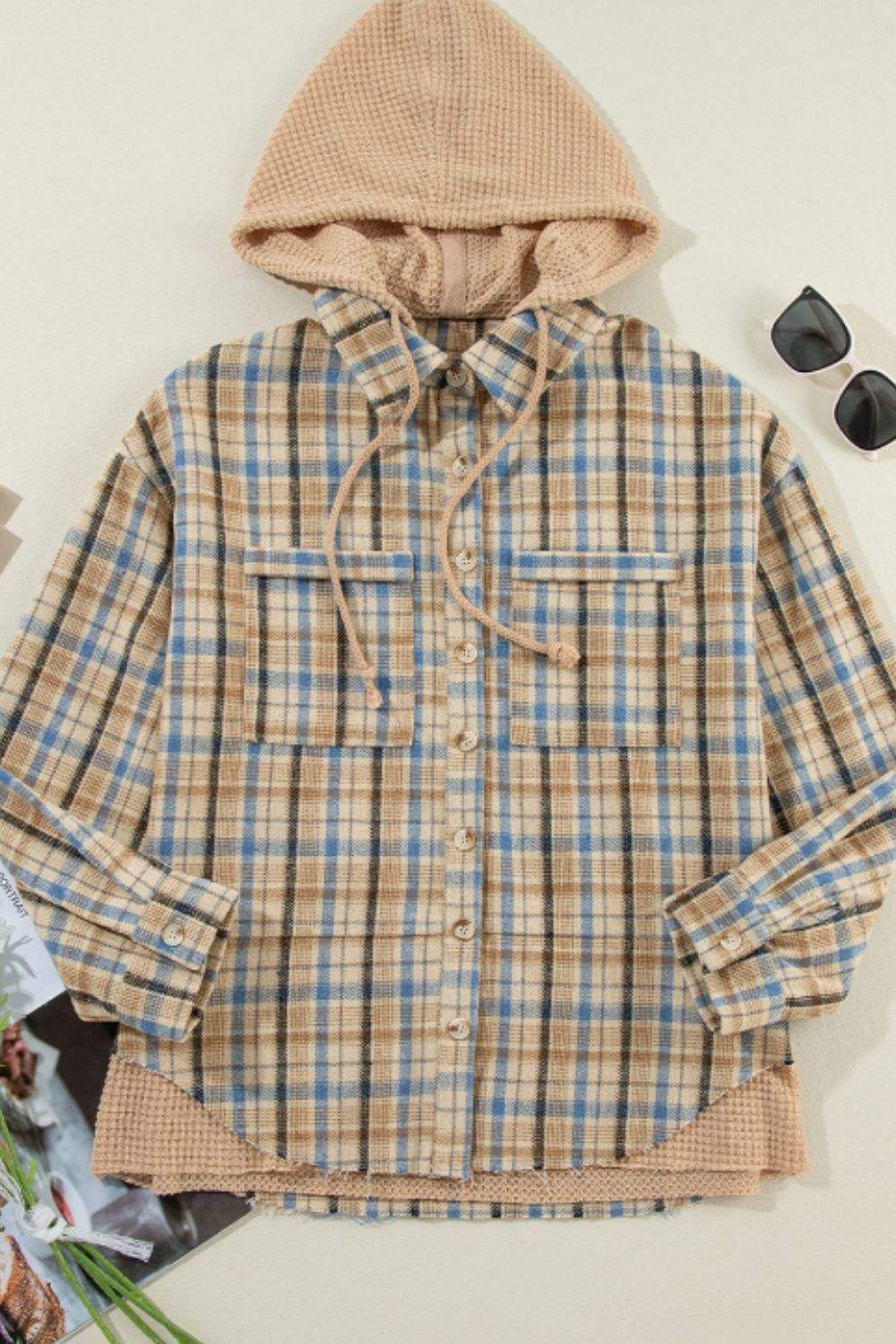 Drawstring Waffle Knit Patchwork Hooded Plaid Shacket - Trendsi - Flyclothing LLC