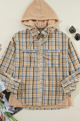 Drawstring Waffle Knit Patchwork Hooded Plaid Shacket - Trendsi - Flyclothing LLC