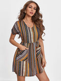 Pocketed Striped Short Sleeve Dress - Trendsi - Flyclothing LLC